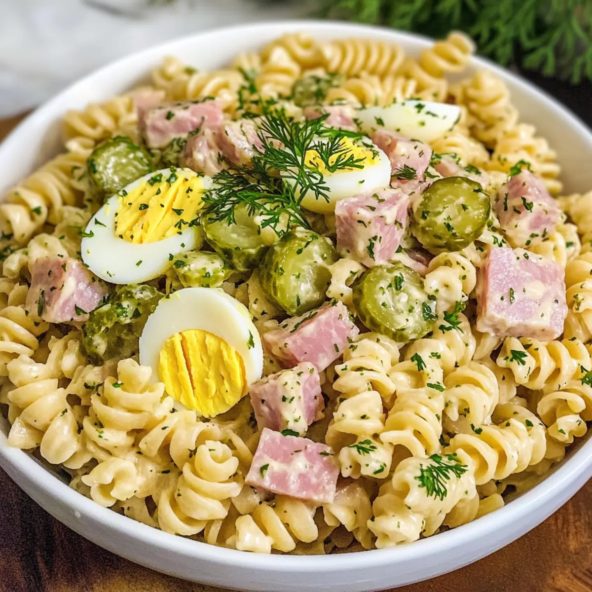 Dillgurken-Dip-Ei-Pasta-Salat mit Schinken Genuss
