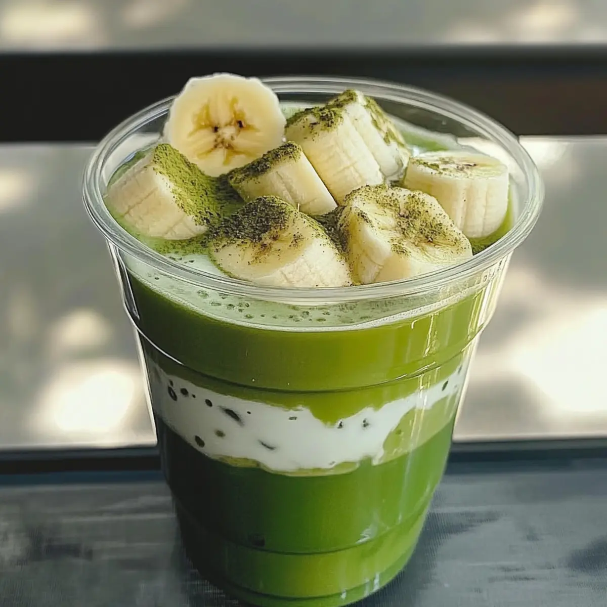 Eisige Bananencreme-Matcha-Latte für heiße Tage