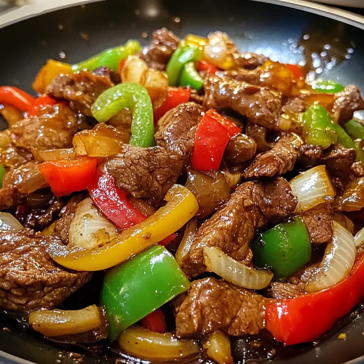 Pfeffersteak mit bunten Paprika und Zwiebeln