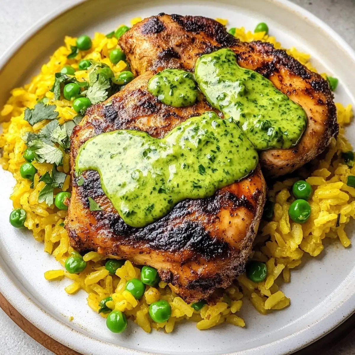 Peruanisches Hähnchen und gelber Reis mit grüner Sauce