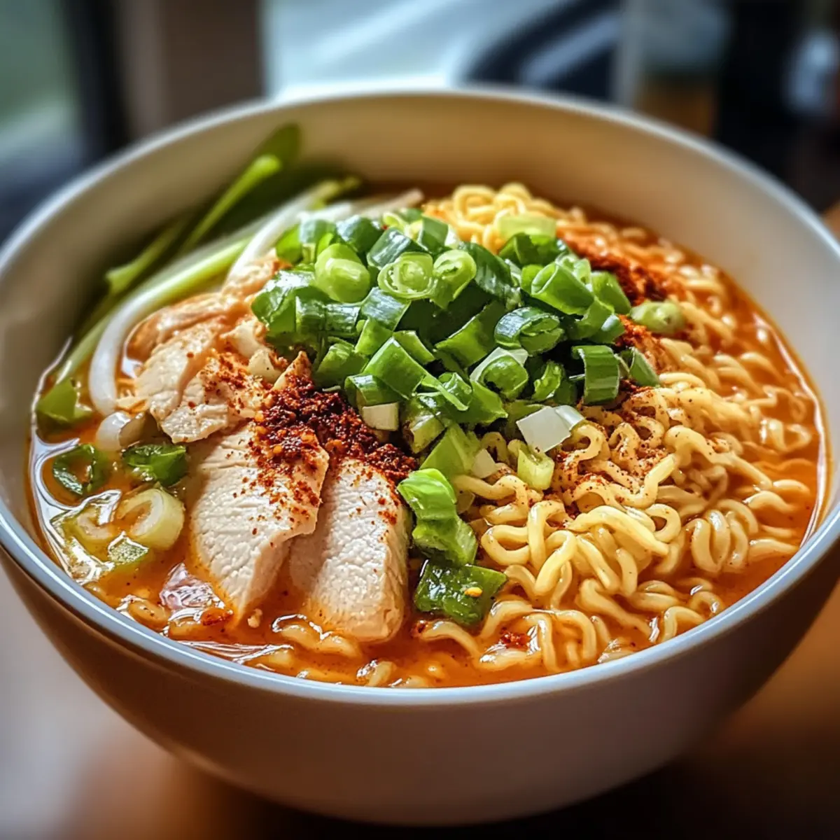 Feuriges Hühnchen Ramen mit cremiger Knoblauchsoße