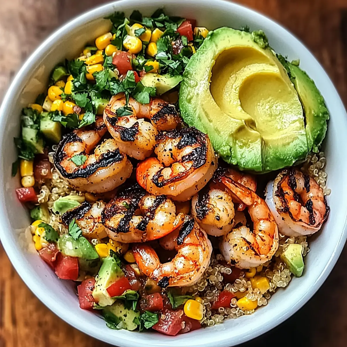 Gegrillte Garnelen-Schüssel mit Avocado und Maissalsa