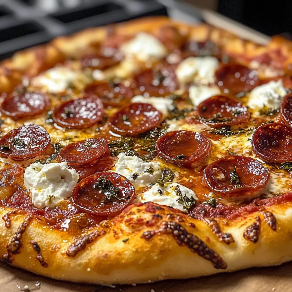 Heiße Honig-Peperoni-Ricotta-Pizza für Pizza-Liebhaber