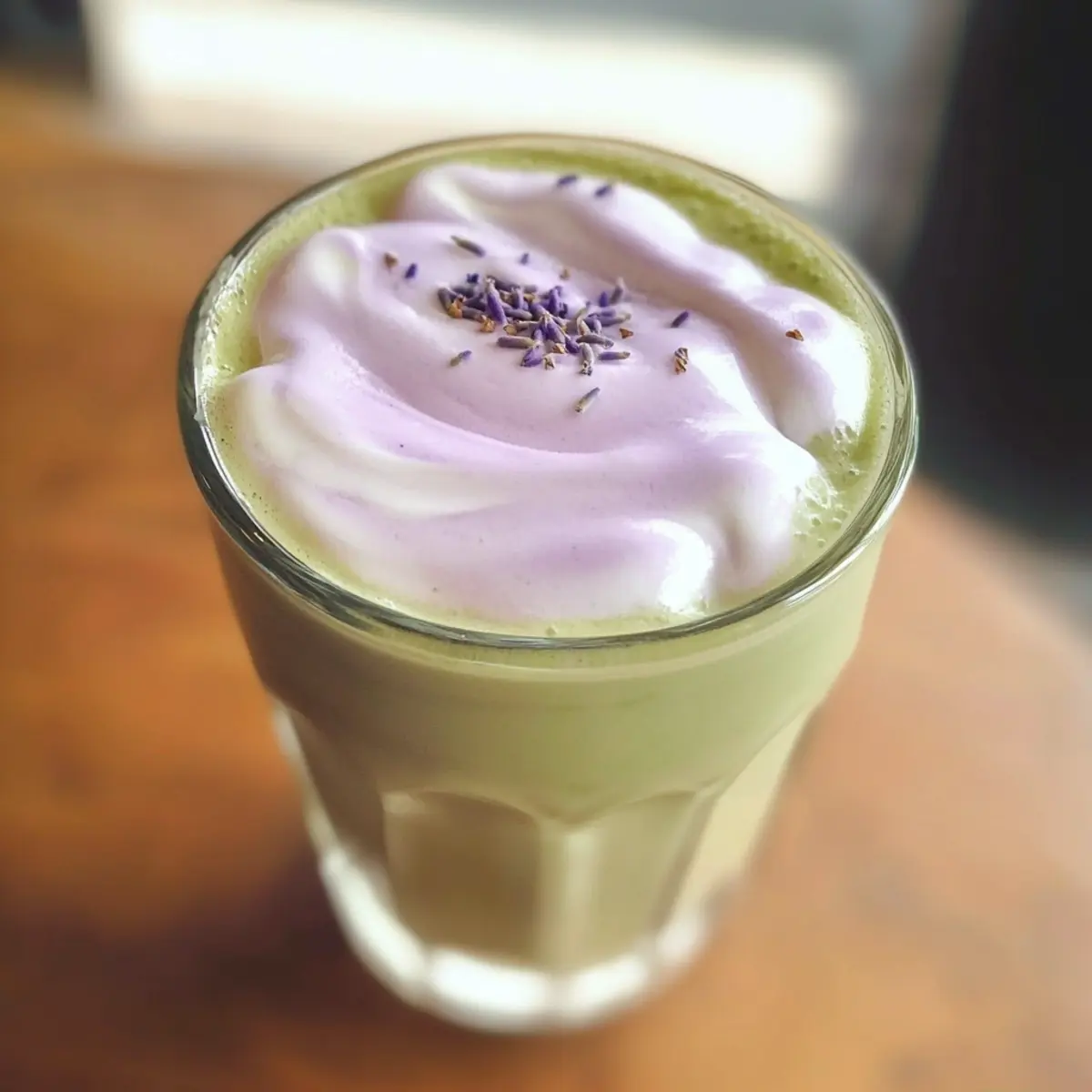 Eisiger Matcha mit Lavendelkalter Schaum für Zuhause