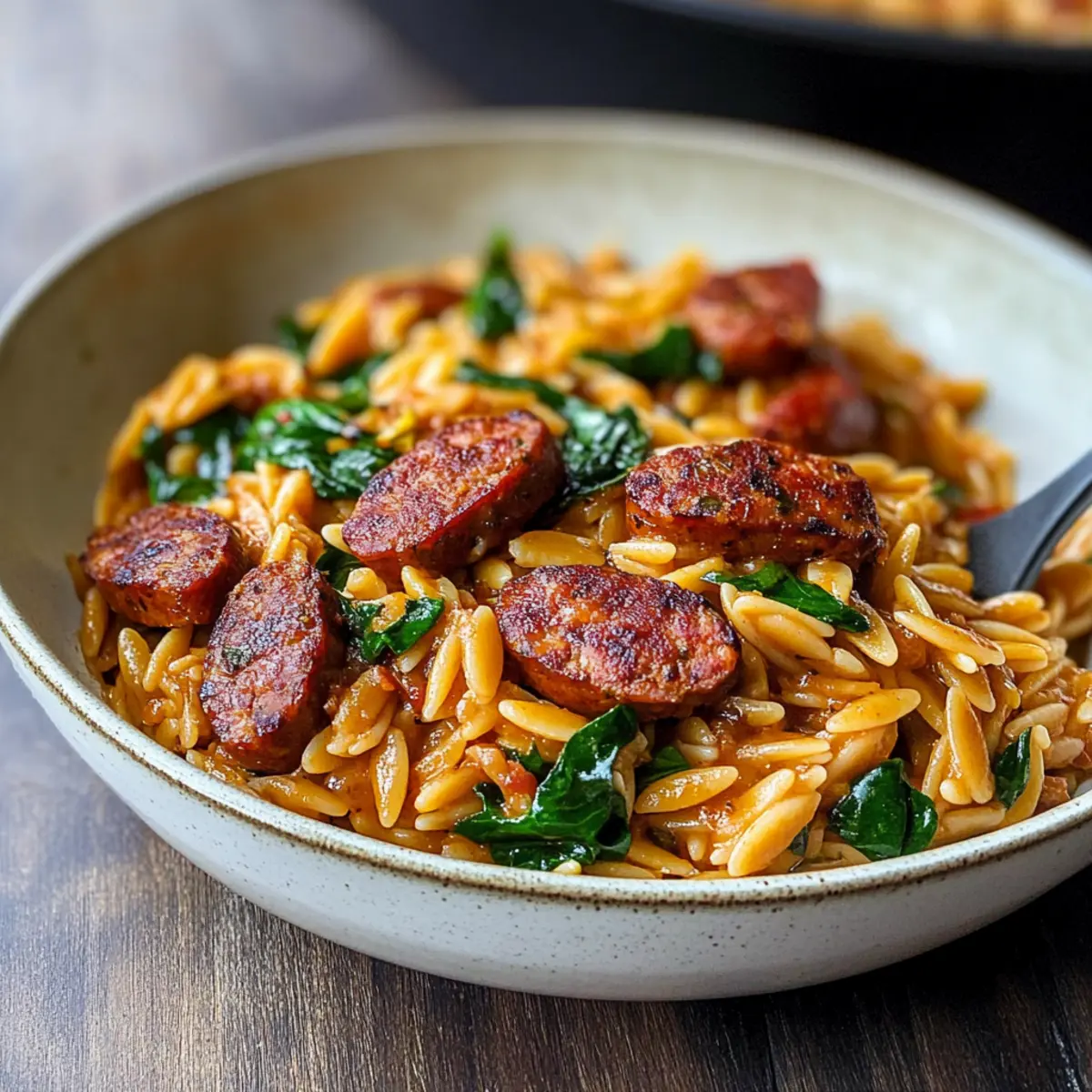Ein Topf Cajun-Wurst und Orzo für schnelles Abendessen