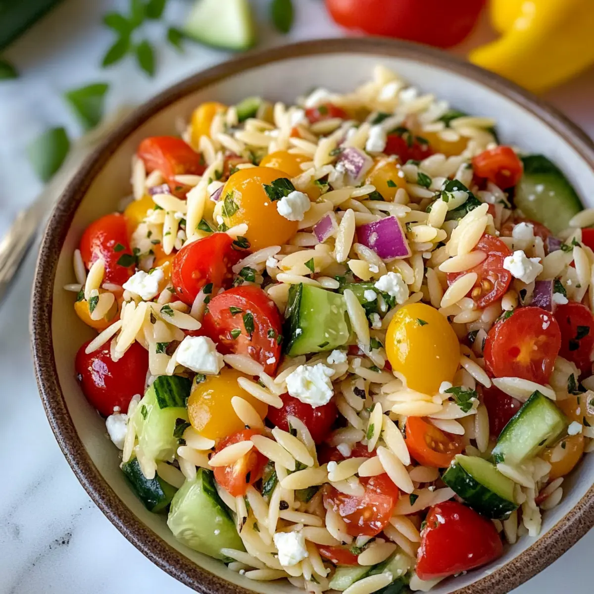 Regenbogen-Orzo-Salat für einen frischen Sommergenuss