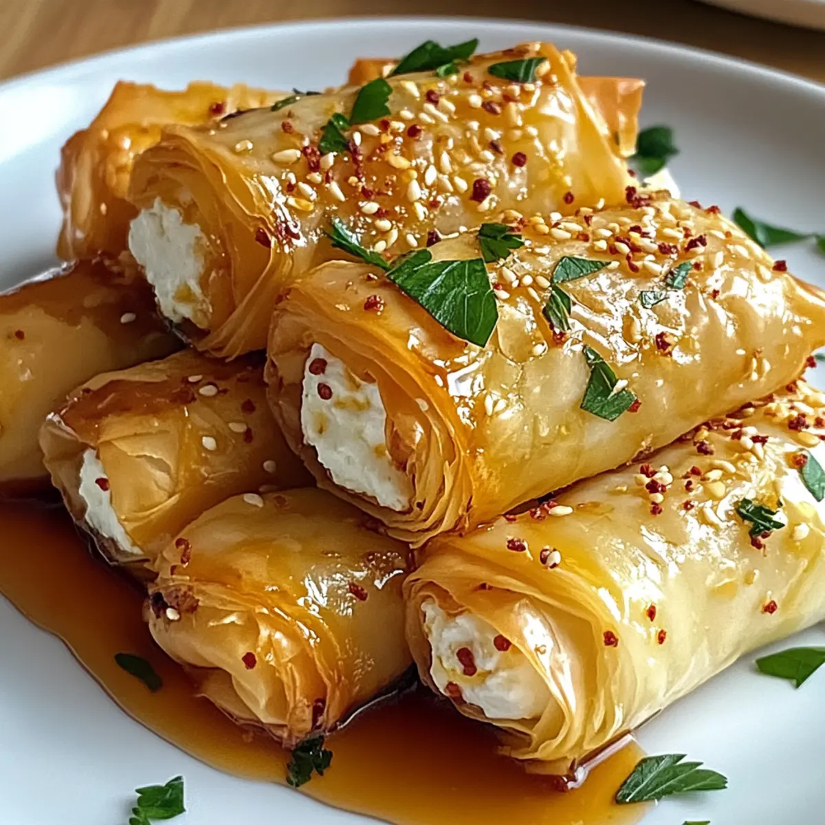Knusprige Ofenfried Feta-Rollen mit Chili-Honig-Drizzle