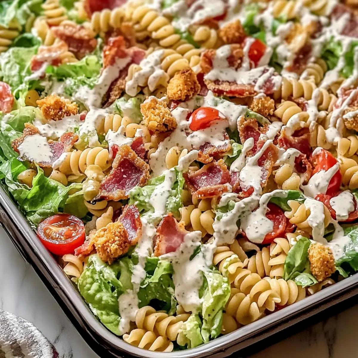 Einfache hohe Protein BLT Pasta Salat genießen