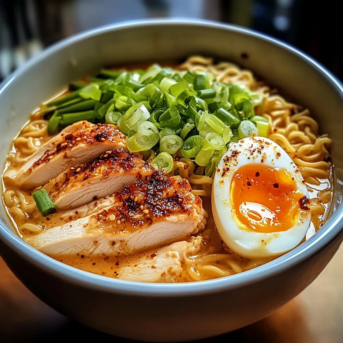 Feuriges Huhn Ramen mit cremiger Knoblauchsoße