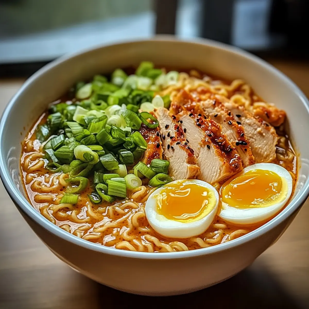 Feuriges Hähnchen Ramen mit cremiger Knoblauchsoße