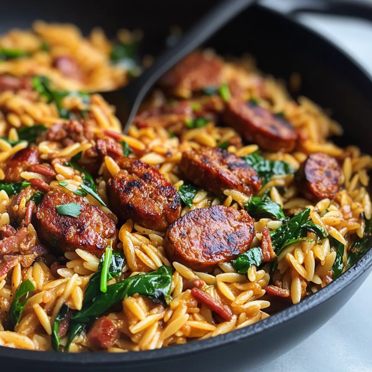 Ein Topf Cajun-Wurst und Orzo Genießen