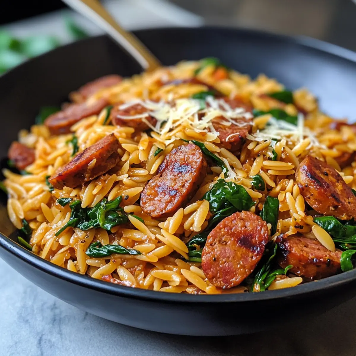 Eintopf Cajun-Wurst und Orzo für schnelles Kochen