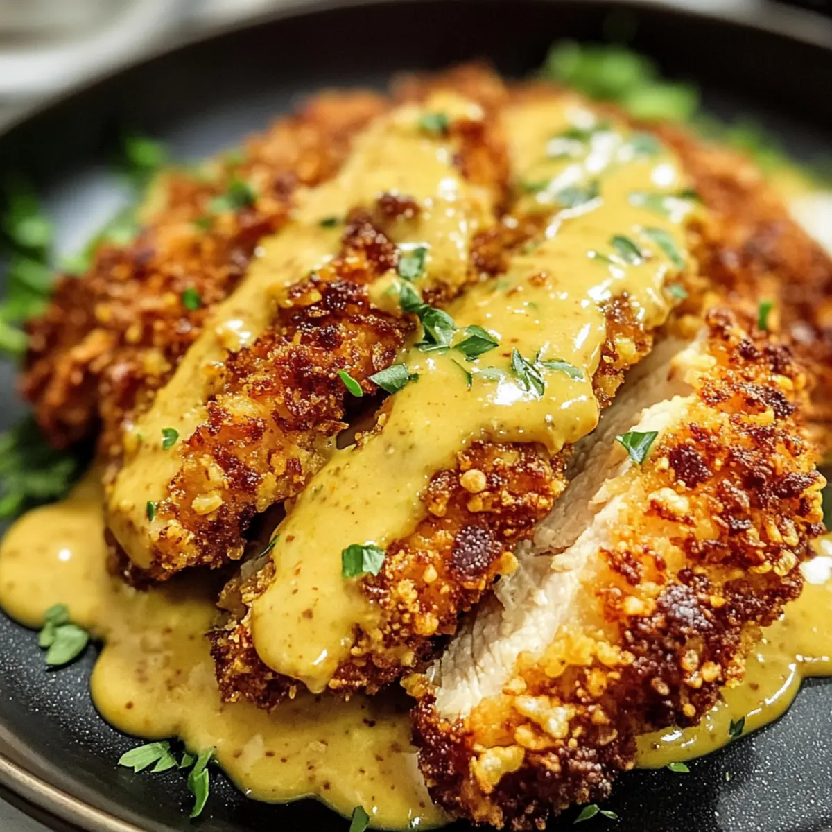 Brezelkruste Hähnchen mit Honig-Senf-Sauce