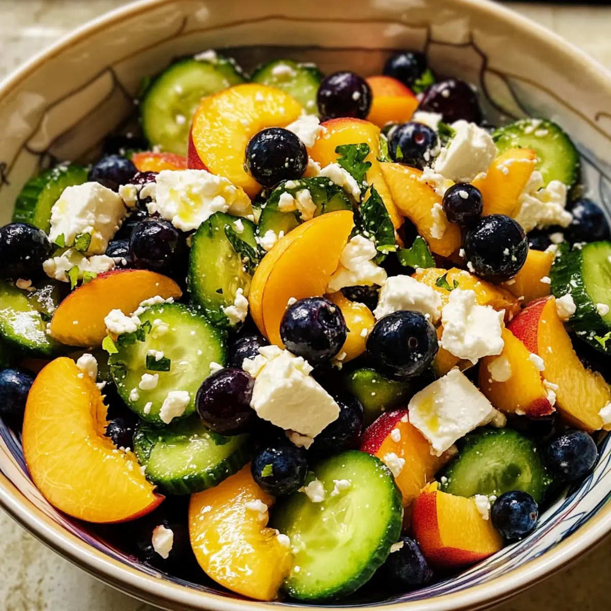 Blaubeere Pfirsich Feta Salat für den Sommer