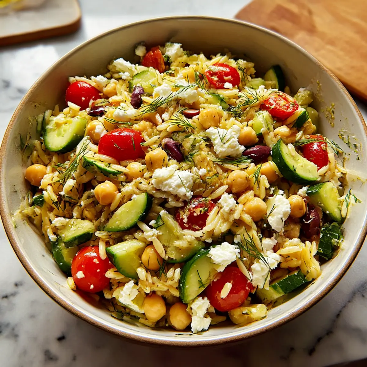 Erfrischender Griechischer Orzo-Salat mit Kichererbsen