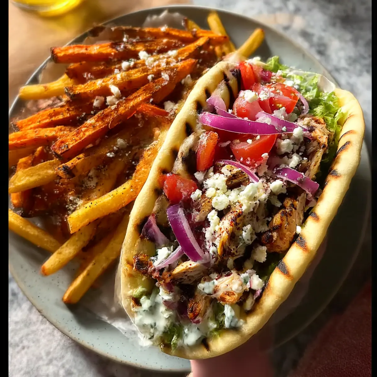 Grilliertes Hühnchen Gyros mit knusprigen Pommes