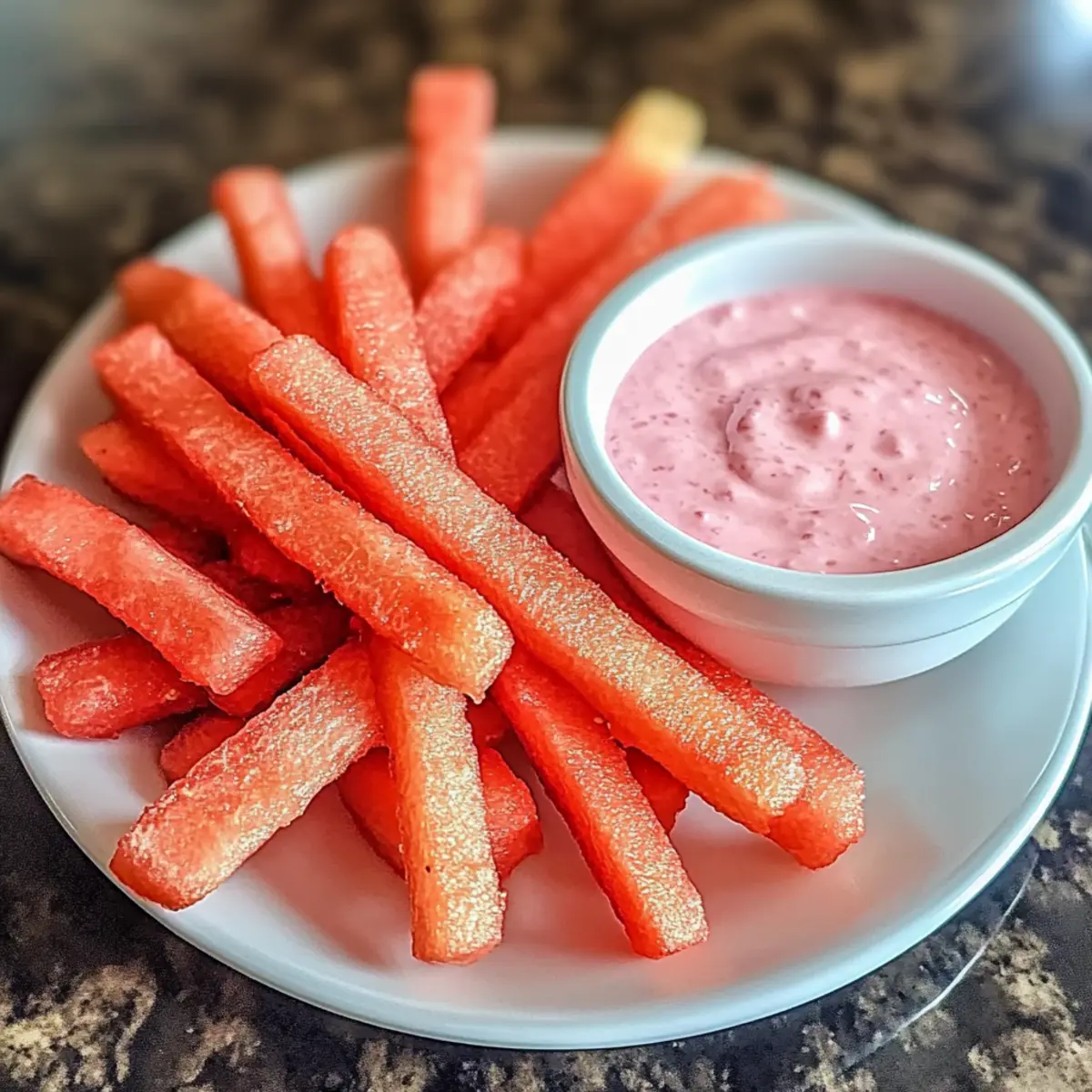 Gesunde Wassermelonen-Pommes mit Erdbeer-Dip