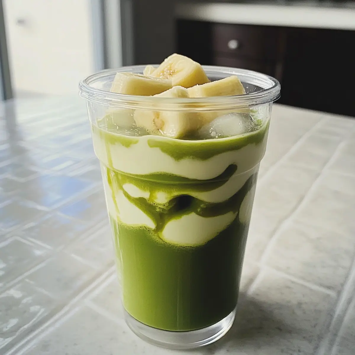 Eisige Bananencreme Matcha Latte für heiße Tage