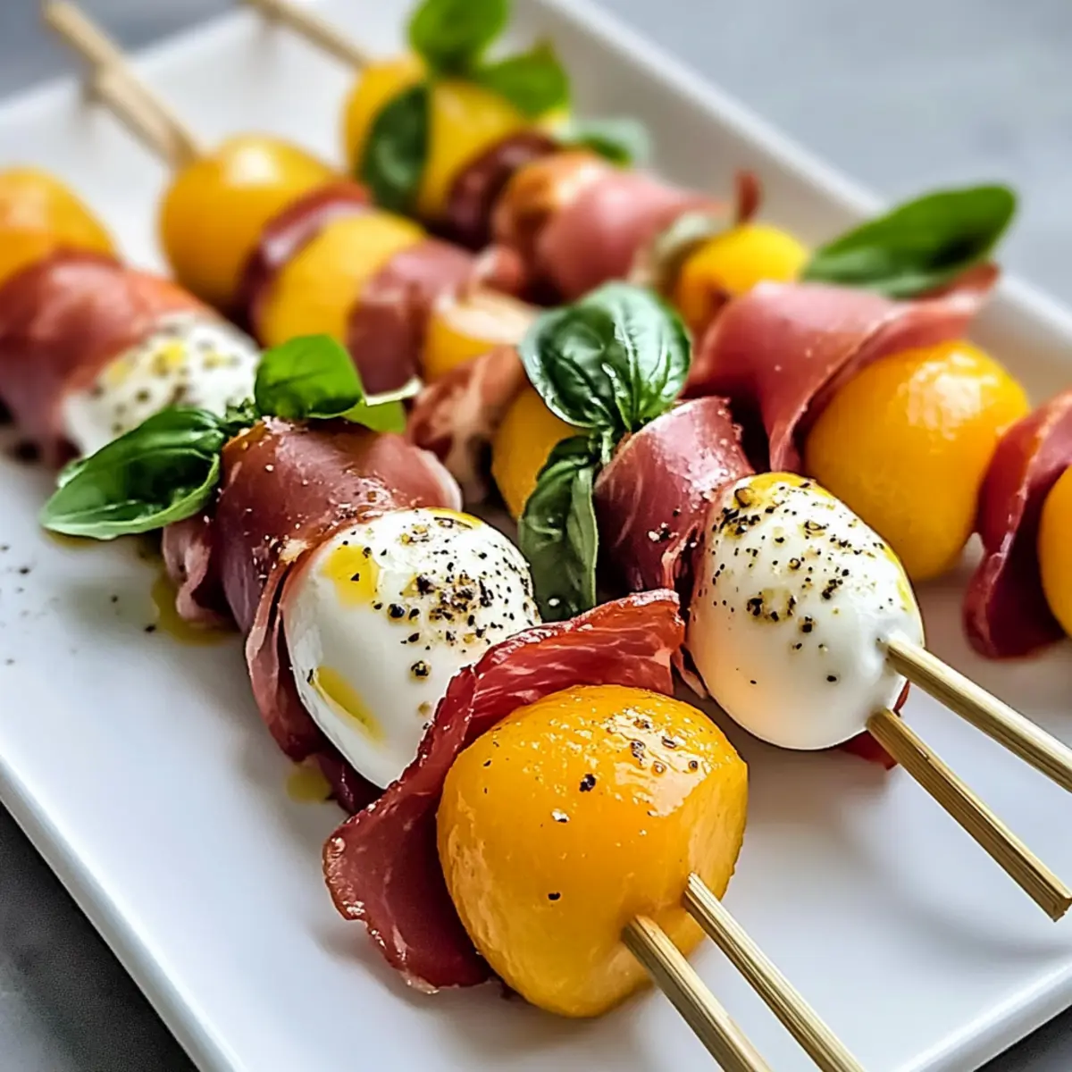 Mozzarella, Prosciutto und eingelegte Pfirsich-Spieße