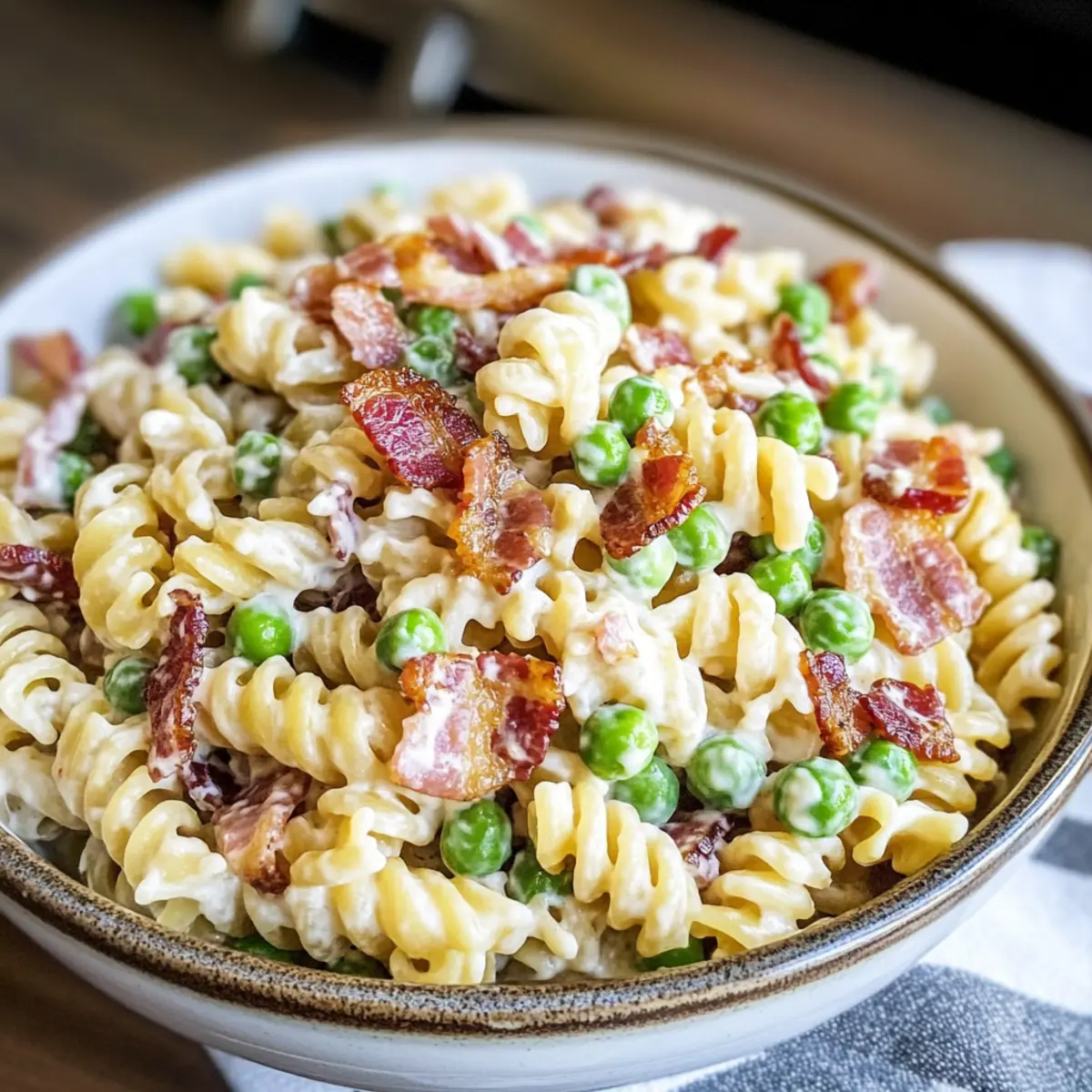 Cremiger Nudelsalat mit Speck und Erbsen