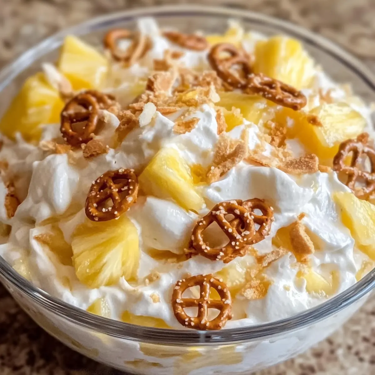 Ananas Brezel Fluff Salat für heiße Sommertage