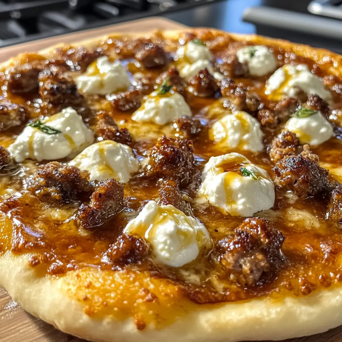 Wurst Ricotta Honig Heiße Pizza für Feinschmecker